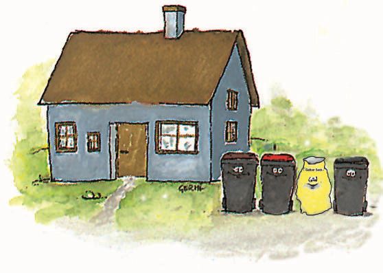 Gezeichnetes Haus mit Mülltonnen
